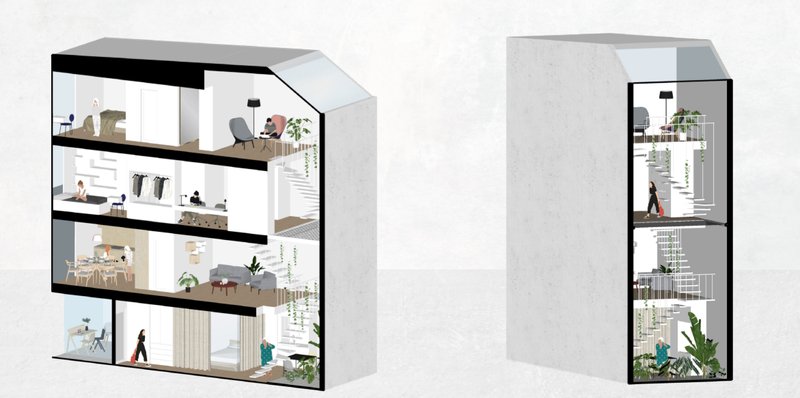 Section view revealing functional, vertically stacked living zones.