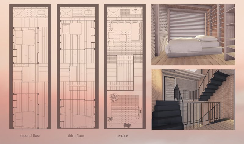 Floor plans for second and third floors plus terrace with interior renderings of bedroom and staircase