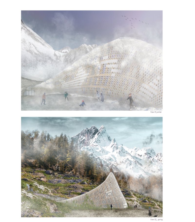 Rendered perspectives showing the adaptive architecture in winter and spring alpine settings.