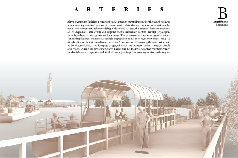 Elevated aqueduct paths transform into lifelines, connecting communities during floods and doubling as pedestrian routes year-round.