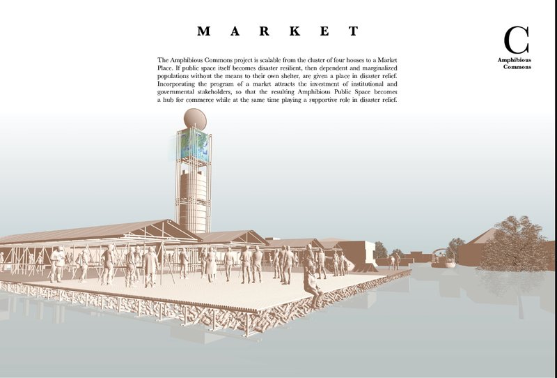 A resilient amphibious marketplace that adapts as both a hub for commerce and a center for disaster relief.