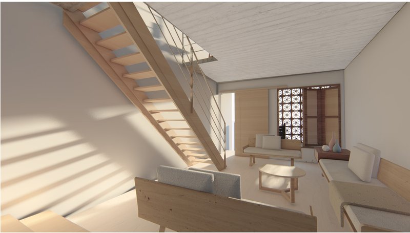 Living room with warm wood tones and patterned Jali wall.