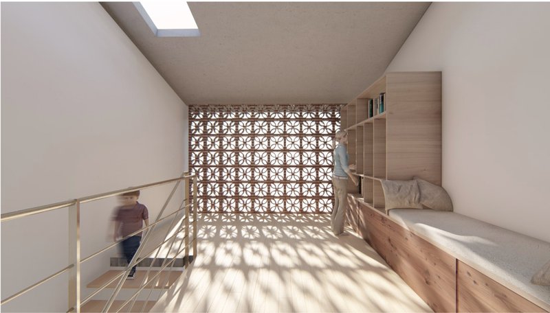 Library nook with filtered daylight through decorative brickwork.