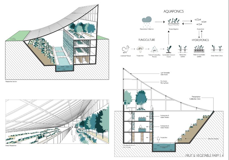 Sectional perspective of the vertical farm integrating aquaponics, hydroponics, and fungiculture systems.