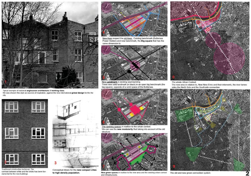 Urban analysis and design strategy showing traditional housing references, new urban axes, modular layouts, and green connections in the Nine Elms context.