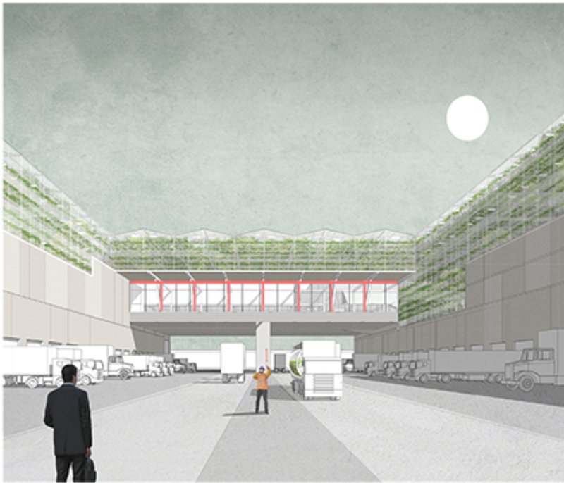 Elevated greenhouse decks above wholesale storage create a multi-layered food distribution system.