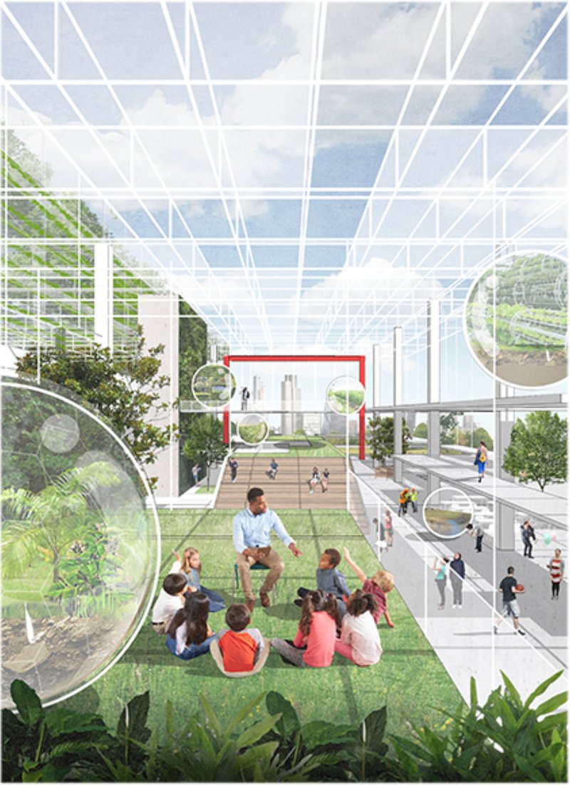 Open green courtyards connect people, fostering awareness of urban farming and sustainable living.