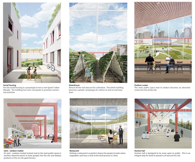 Social housing, greenhouses, outdoor markets, and public amenities integrate food into urban life.