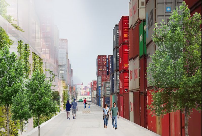 A vision of modular container architecture shaping walkable, green urban spaces.