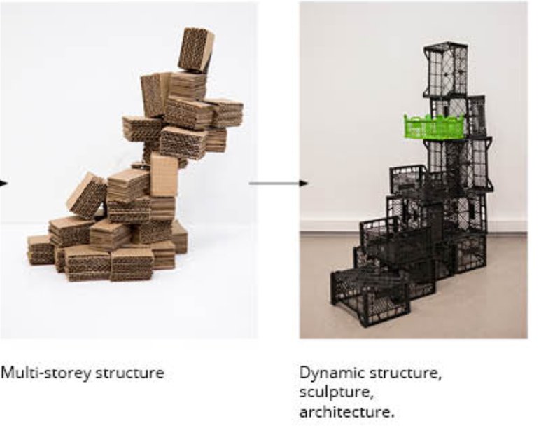 Stacked modules evolving into a sculptural, adaptive architectural form.
