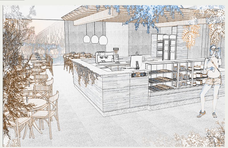 A sustainable dining hub blending greenery with social interaction and urban food culture.