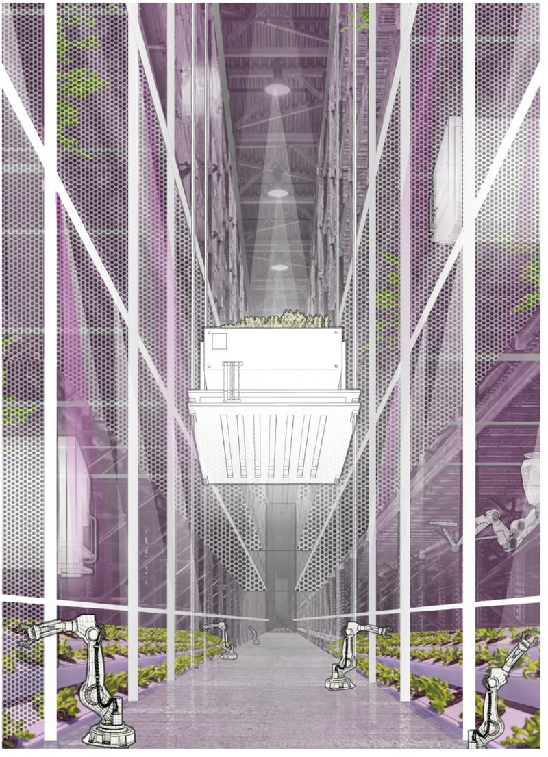 A high-tech agricultural corridor with robotic arms and automated growing systems.