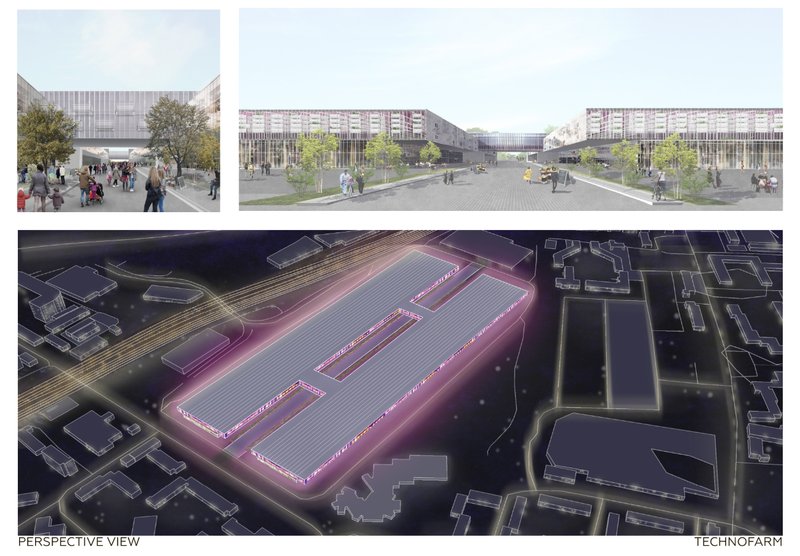 Public plaza and aerial night view highlighting the scale and integration of the TechnoFarm hub.