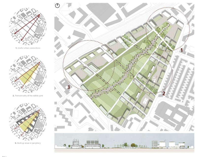 A masterplan showing Nine Elms transformed into a productive green corridor for food and community.