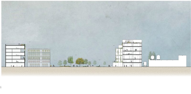 Cross-section of vertical farms and housing illustrating layered urban agriculture architecture.