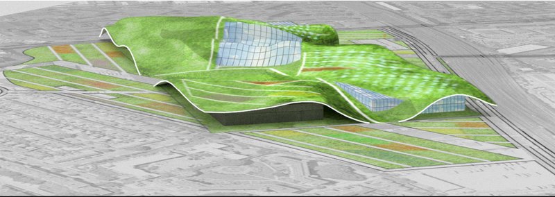 Axonometric view of the undulating roof form with green planting areas and solar panel zones across the surface