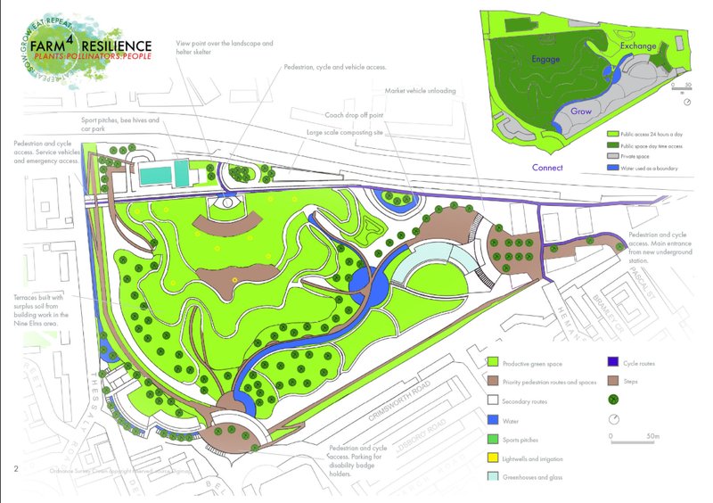A sustainable urban farm integrating green spaces, water systems, and community hubs for resilience.