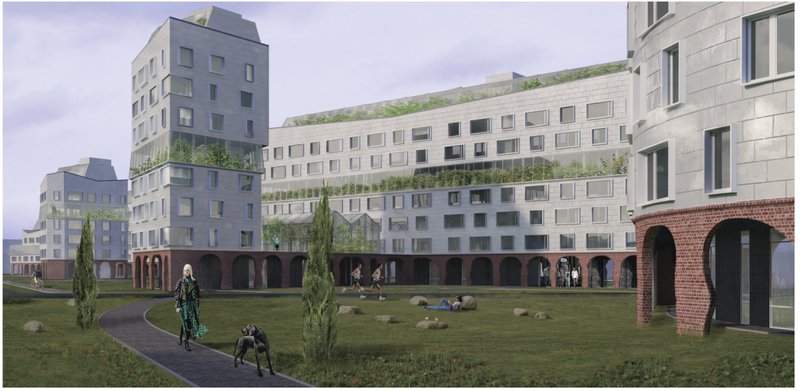 A view of the crop-integrated residential buildings, combining green terraces with brick and glass facades.