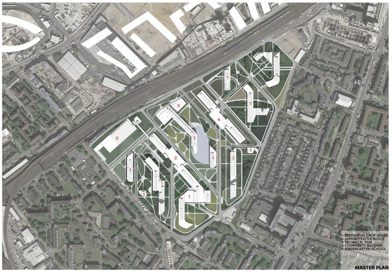 Site layout showing residential crop houses, community spaces, schools, and urban green zones.