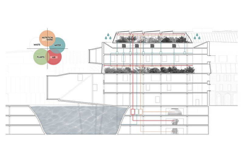 Cross-section illustrating the closed-loop system of water, air, waste, and plant growth.