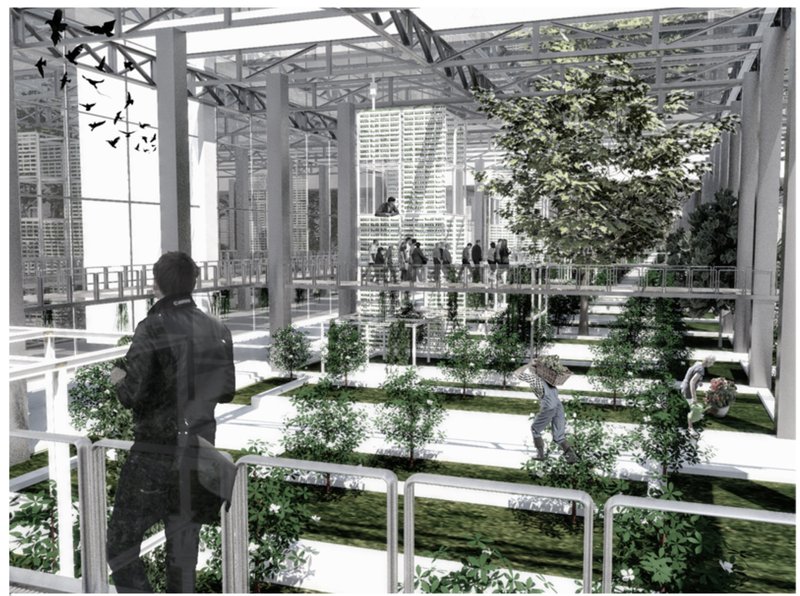 Elevated walkways overlooking urban farming spaces integrated into the structure.