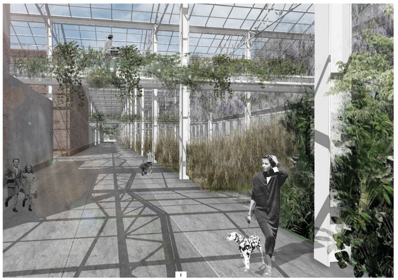 A green corridor showcasing sustainable architecture that merges living spaces with urban agriculture.