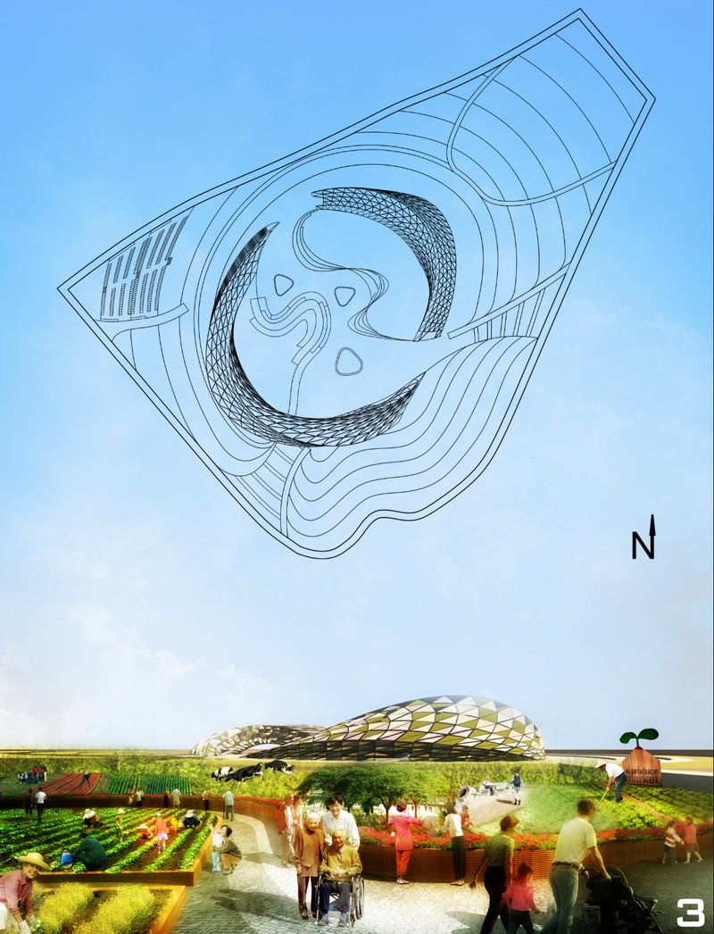 Functional layout combining agricultural lands, markets, and pedestrian-friendly pathways.