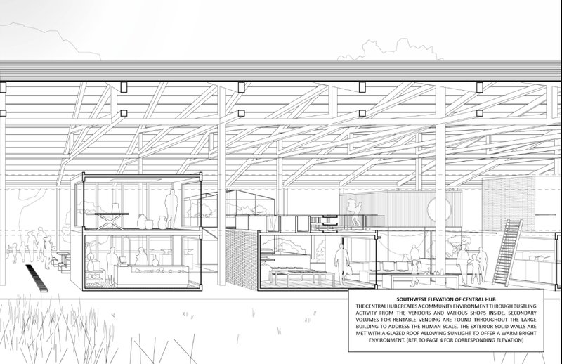 Section drawing revealing interior volumes, vendor spaces, and community circulation.