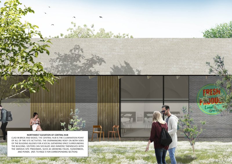 Brick-and-wood façade with social gathering zones and food hub identity.