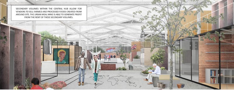 Vibrant community space with rentable vendor units, greenery, and cultural exchange.