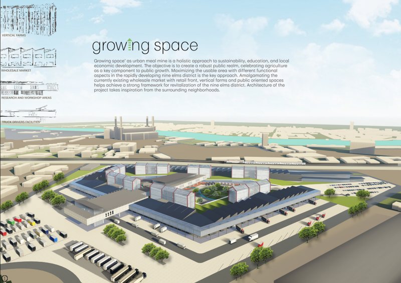 A sustainable architectural design integrating vertical farms, wholesale markets, and public spaces.