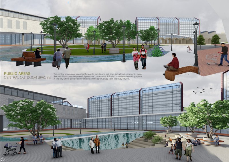 Central community plaza designed for recreation, events, and urban green relief.