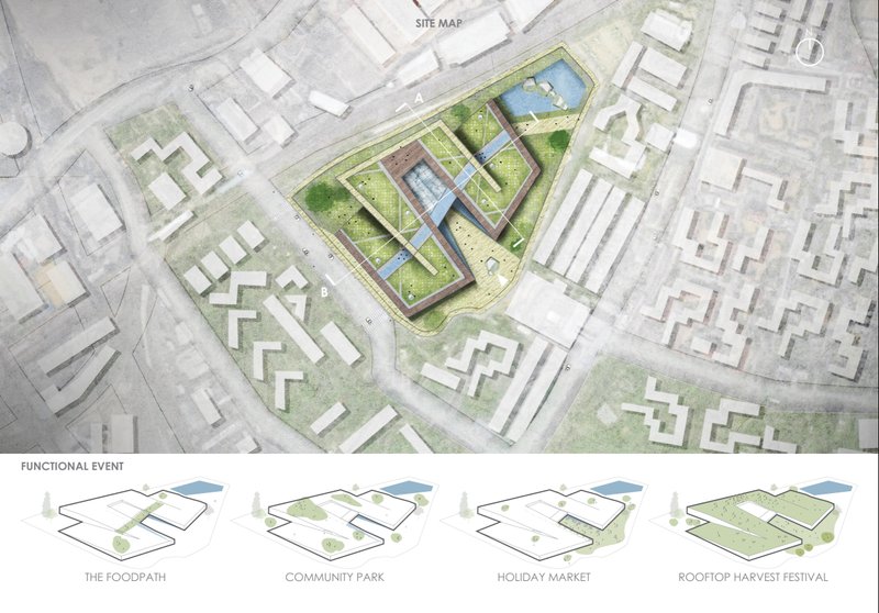 Site plan showing a pentagonal building with green roofs and water feature surrounded by neighborhood blocks