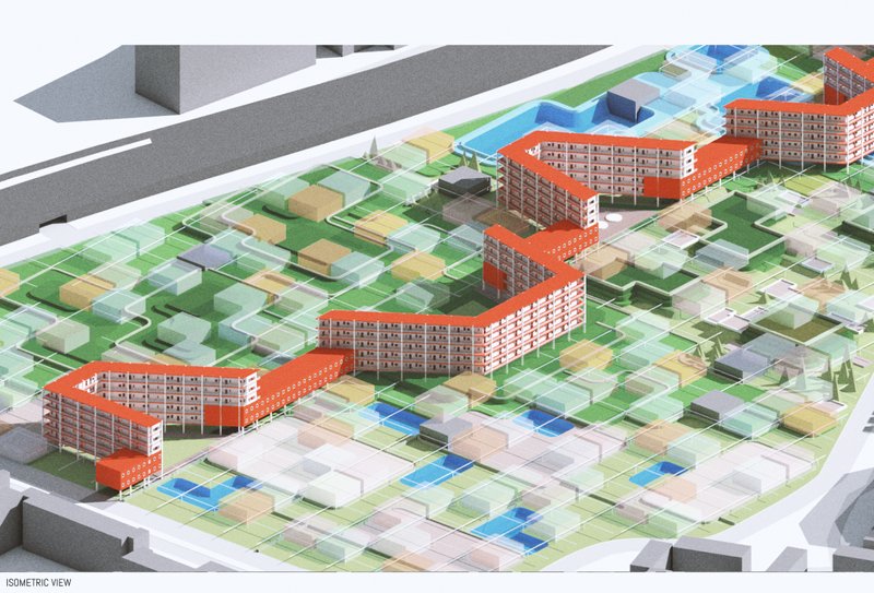 The masterplan layout showing interconnected residential and production units within a sustainable food-based urban system.