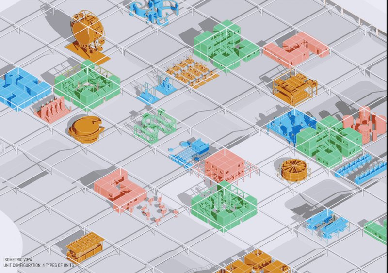 Isometric study of modular units including labs, artisanal workshops, and production systems for food innovation.