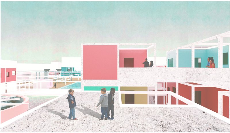 Children interact on shared roof terraces designed for social exchange and ecological awareness.