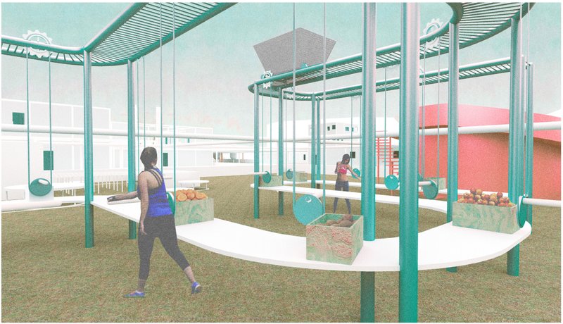 Ground-level structures that merge food production and exchange, fostering collective participation.