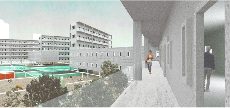 Semi-public corridors overlooking green courtyards, blending housing with urban farming zones.