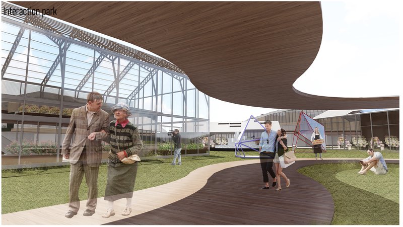 An open space encouraging social connections within a climate-responsive architectural shell.