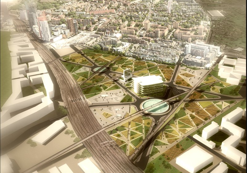 Aerial view of urban agriculture seamlessly woven into city infrastructure and public spaces.