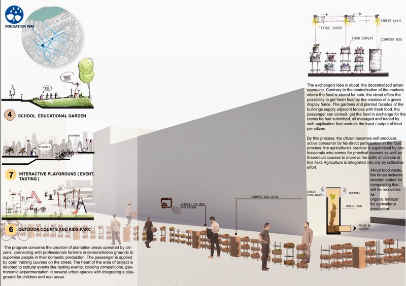 Interactive urban street with food displays, composting hubs, and shared educational gardens.