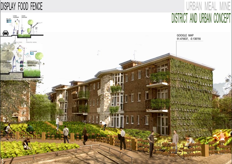 Residential building with green façades and shared gardens transforming fences into food-sharing hubs.
