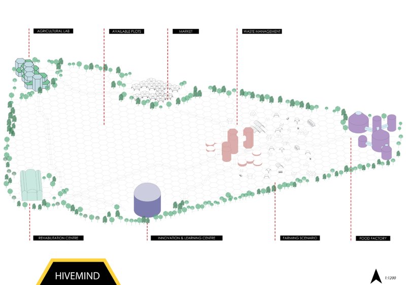Site plan of Hivemind with integrated labs, markets, and food factory.
