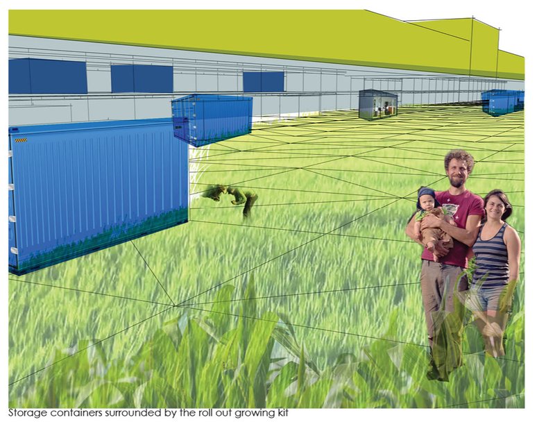 Storage containers with roll-out growing kits create interactive green spaces.