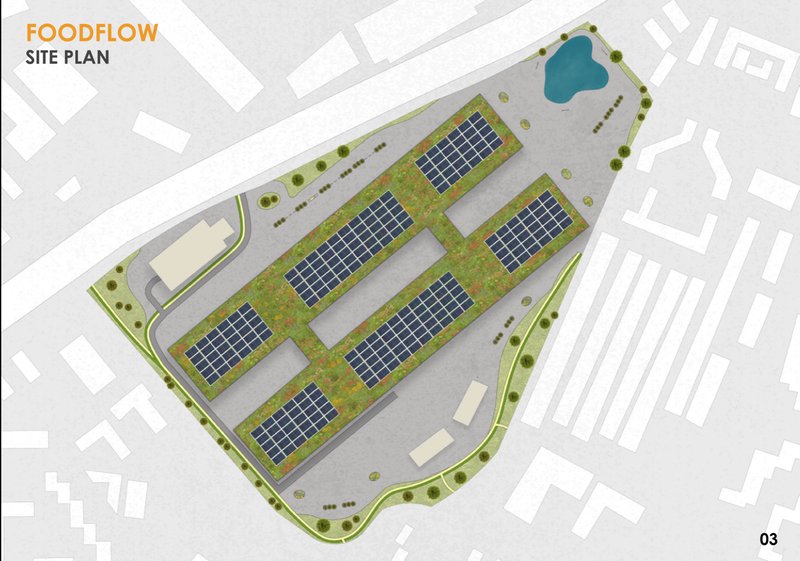 Solar-powered layout maximizing renewable energy and community farming potential.