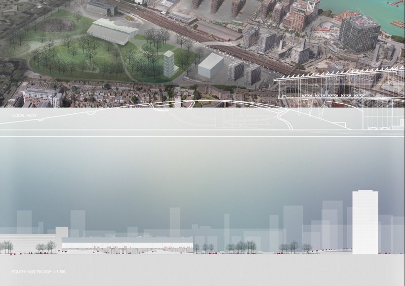 Aerial perspective and southeast facade showing how the Urban Fun Farm integrates with its dense city context.