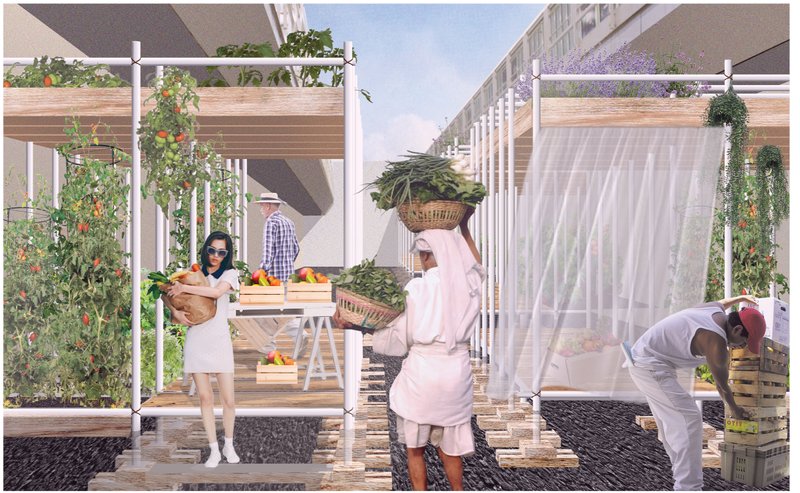 Rendering of timber frame structures with overhead trellises and residents harvesting vegetables in rooftop garden beds