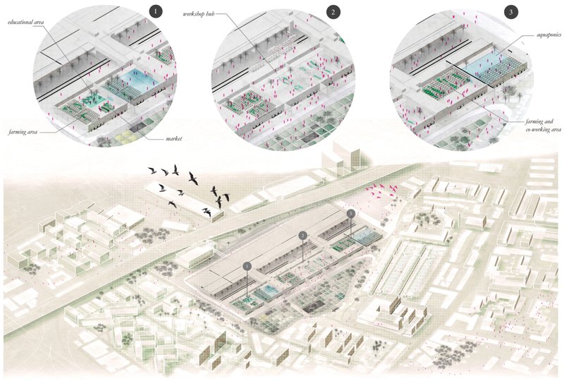 Axonometric drawing depicting phased transformation of rail yard into urban farming district with birds overhead
