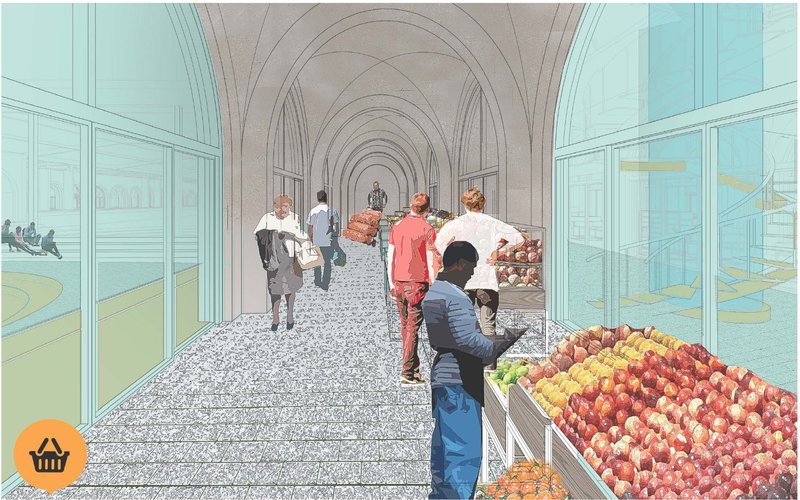 A vaulted hall connects fresh produce markets with public interaction and urban farming.