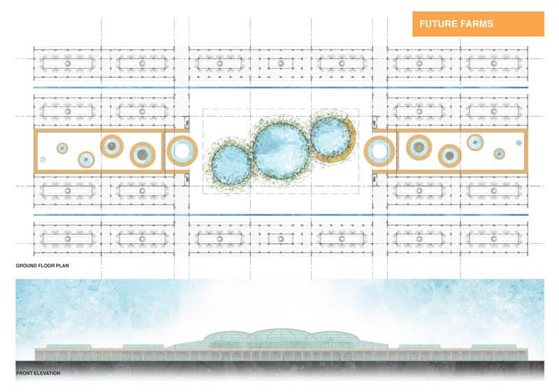 A holistic layout combining farming cores, water management, and urban architecture.